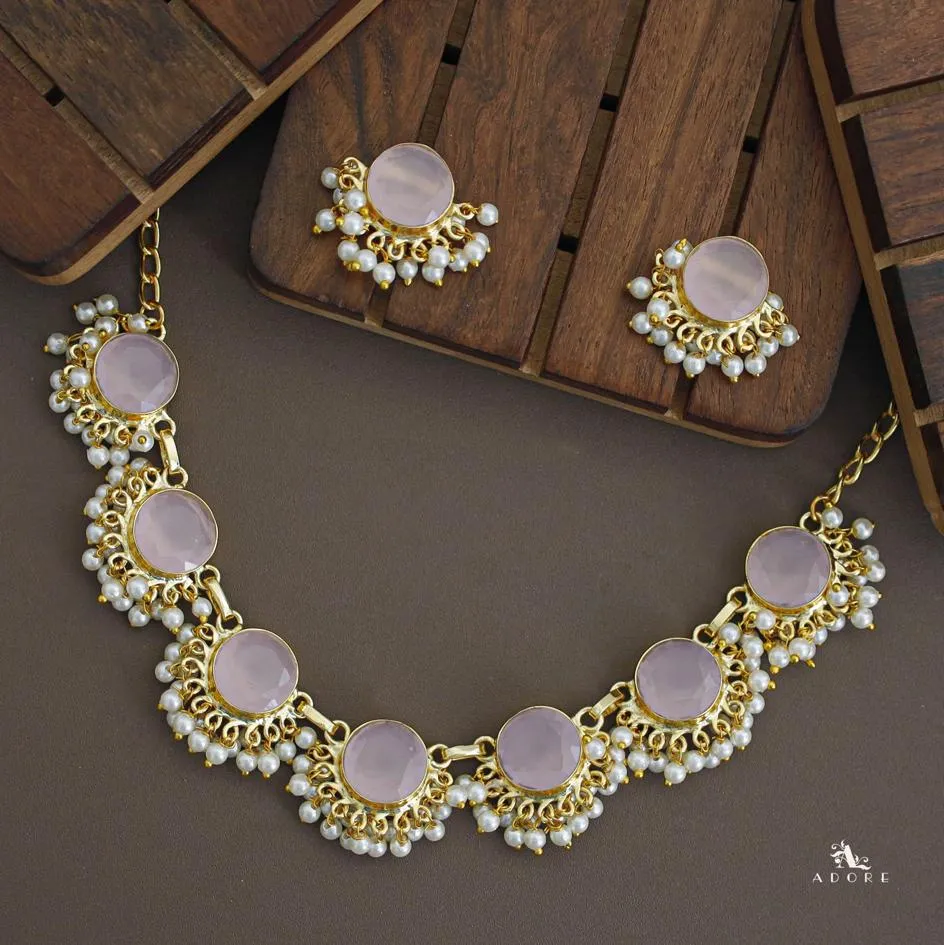 Athenea Glossy Round Half Pearl Short Neckpiece with Earring