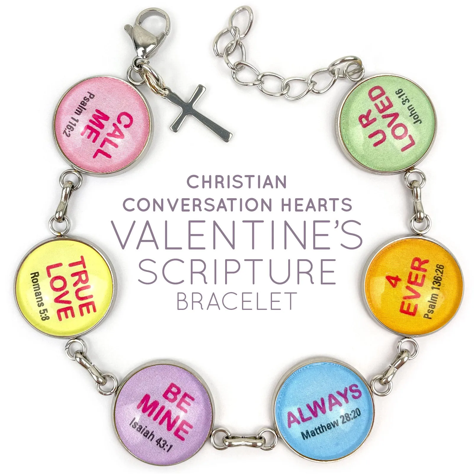 Christian Conversation Hearts Valentine's Scripture Bracelet – Glass Charm Stainless Steel Bible Verse Bracelet