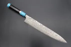 Fu-Rin-Ka-Zan YUTAKA 豊佳 Series R-2 Damascus Edition FRYP-51 Wa Sujihiki 270mm (10.6 inch, Octagon Shaped Ebonywood Handle with Turquoise Composite Stone Ferrule & Butt)