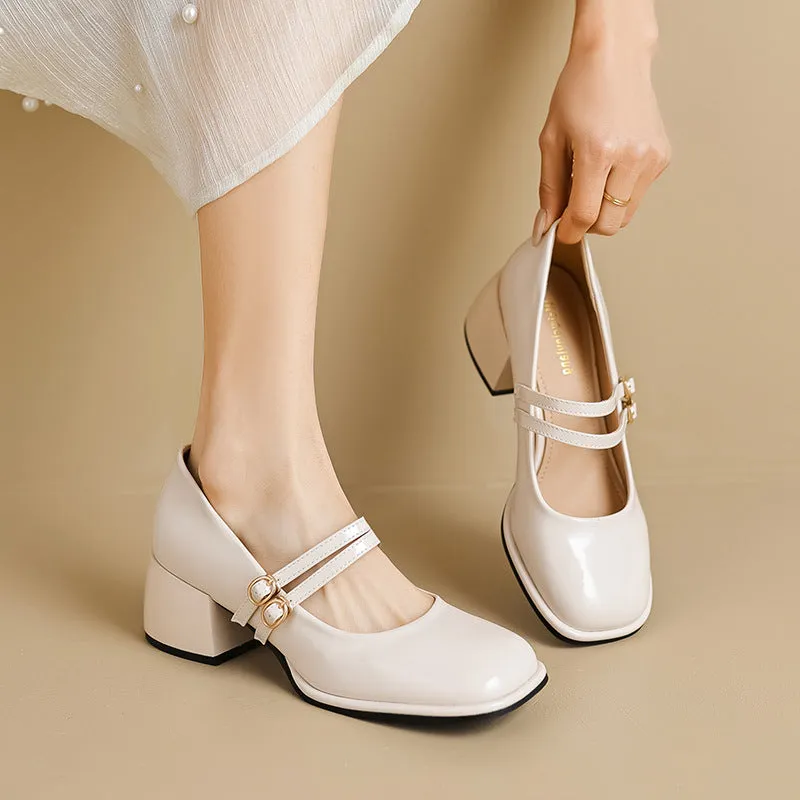 Women Fashion Leather Buckled Chunky Pumps