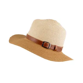 Women’s Two-Tone Straw Fedora Hat with Buckle Trim